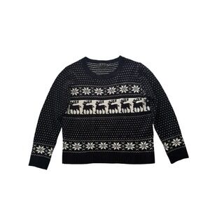 Fair Isle Reindeer Snowflake Sweater Women's Large Navy Winter Cozy Preppy Cabin